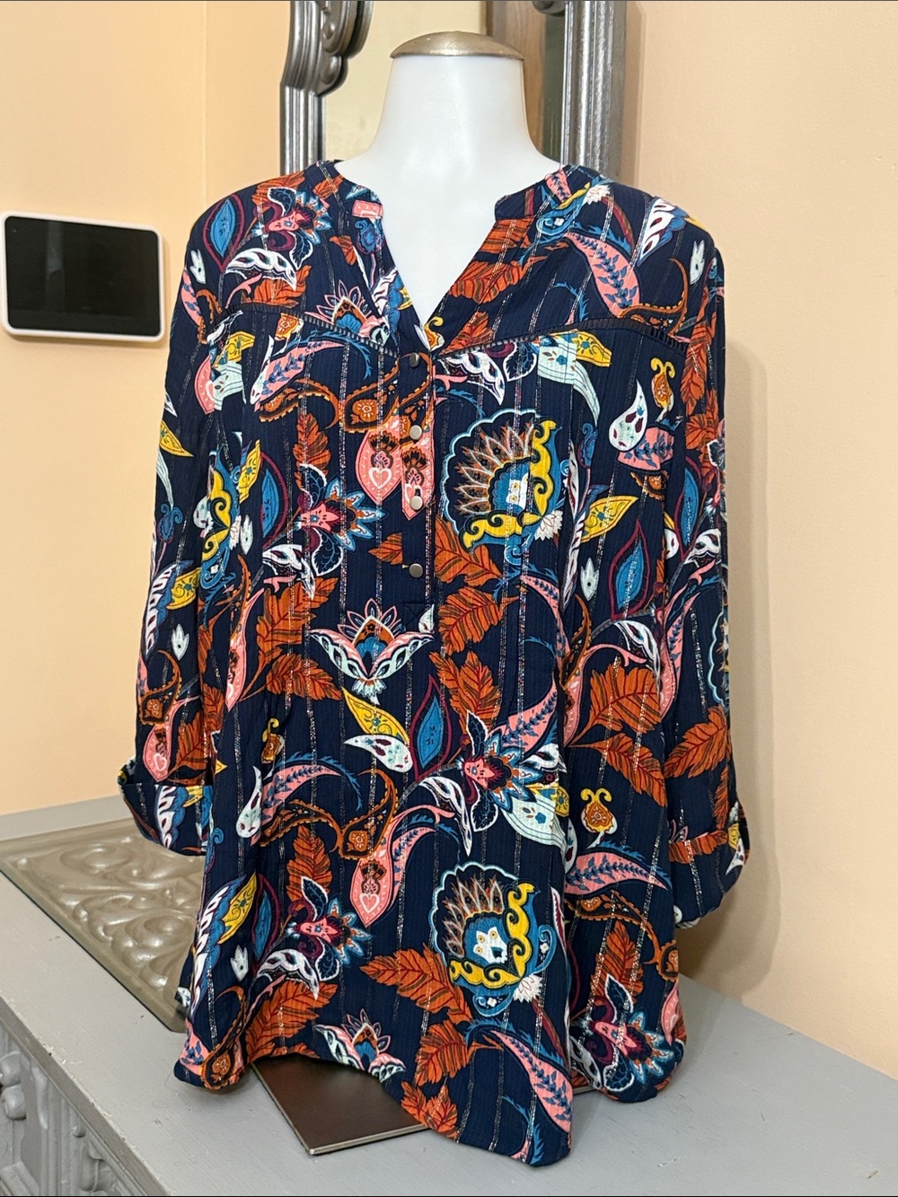 Kim Rogers Medium Navy Metallic Paisley Floral Tunic Multicolor Accents